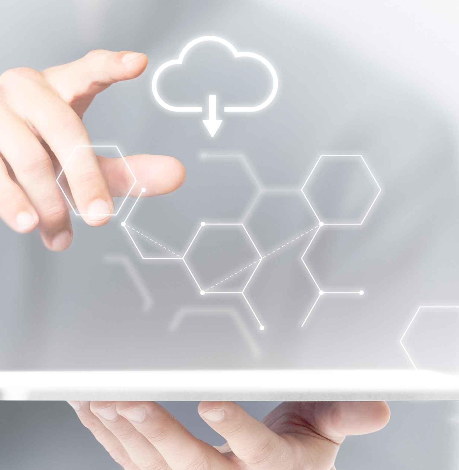 Hands interacting with a digital interface showing a cloud download icon and glowing hexagonal data structures
